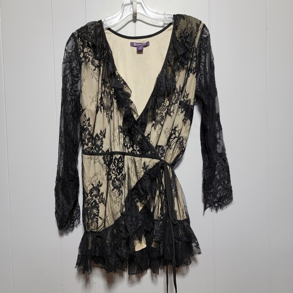 Roaman's Black Floral Lace Wrap Top Ruffle Hem Long Sleeve Plus 12W 30-5799-9